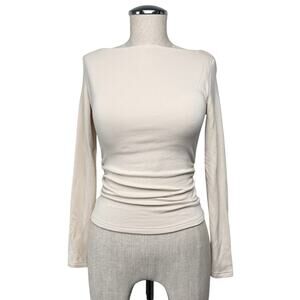 OGL Eco-Mousse Ruched Side Top Built-In Bra Cream Long Sleeve Tee Women XS